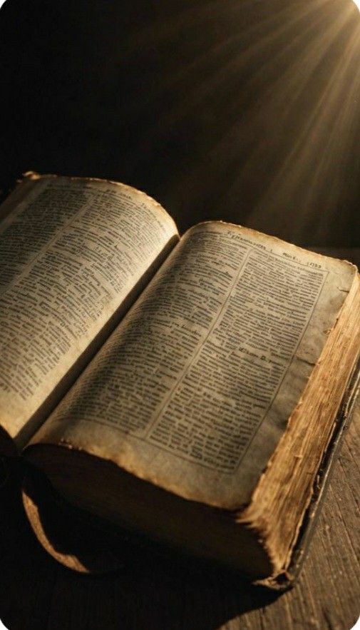 an open book sitting on top of a wooden table with the sun shining through it