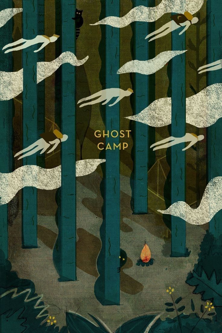 an illustration of white birds flying through the air in front of trees and water with words ghost camp written on it