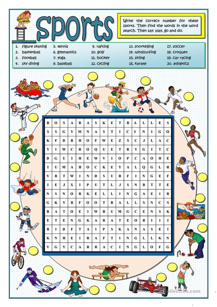 a crossword puzzle with sports words and pictures on the front, as well as an image