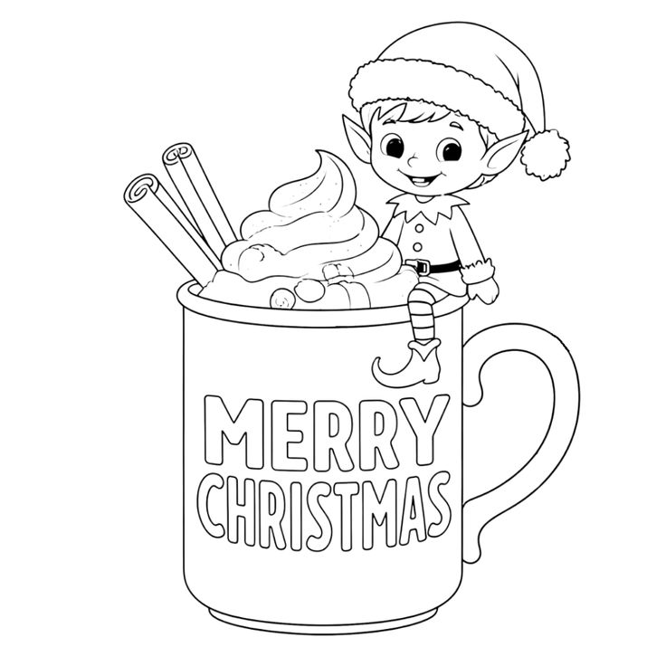 a christmas coloring page with a elf in a mug filled with hot chocolate and marshmallows