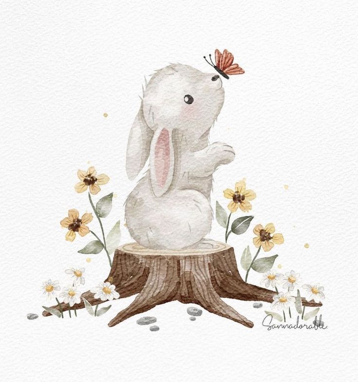 a watercolor painting of a bunny sitting on top of a tree stump with flowers