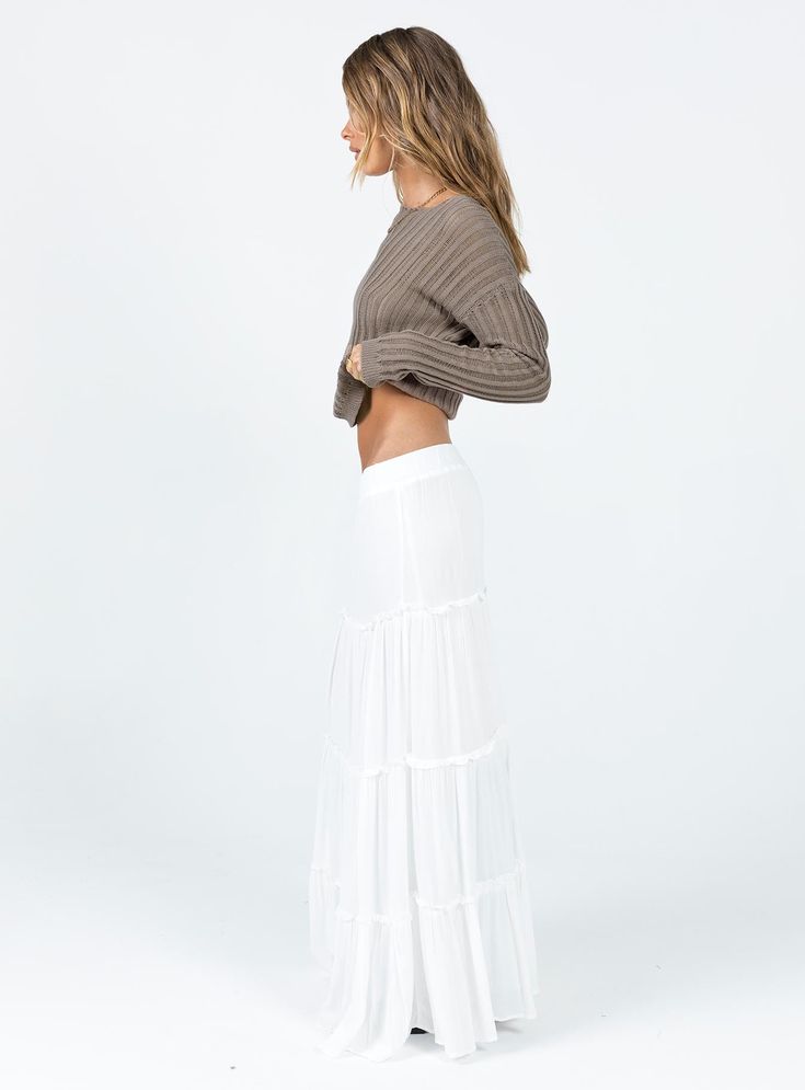 Maxi skirt Relaxed fit Main: 100% rayon Lining: 100% cotton Frill detailing throughout Tiered design Thick elasticated waistband Non-stretch Fully lined / slightly sheer Maxi Skirt White, Long Flowy Skirt, White Maxi Skirt, White Long Skirt, Long Skirt Fashion, White Maxi Skirts, Fleece Dress, Outerwear Outfit, Skirt White