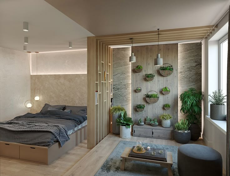 a bedroom with a bed, planters and a table in the corner next to it