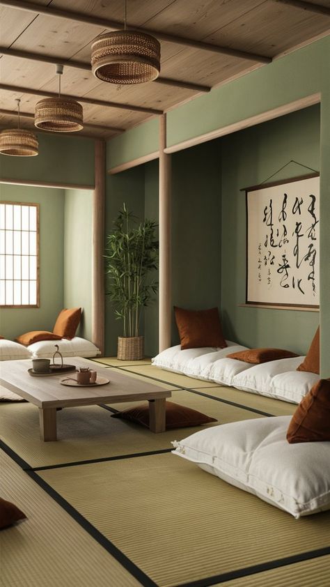 a room with tatami mats and pillows on the floor