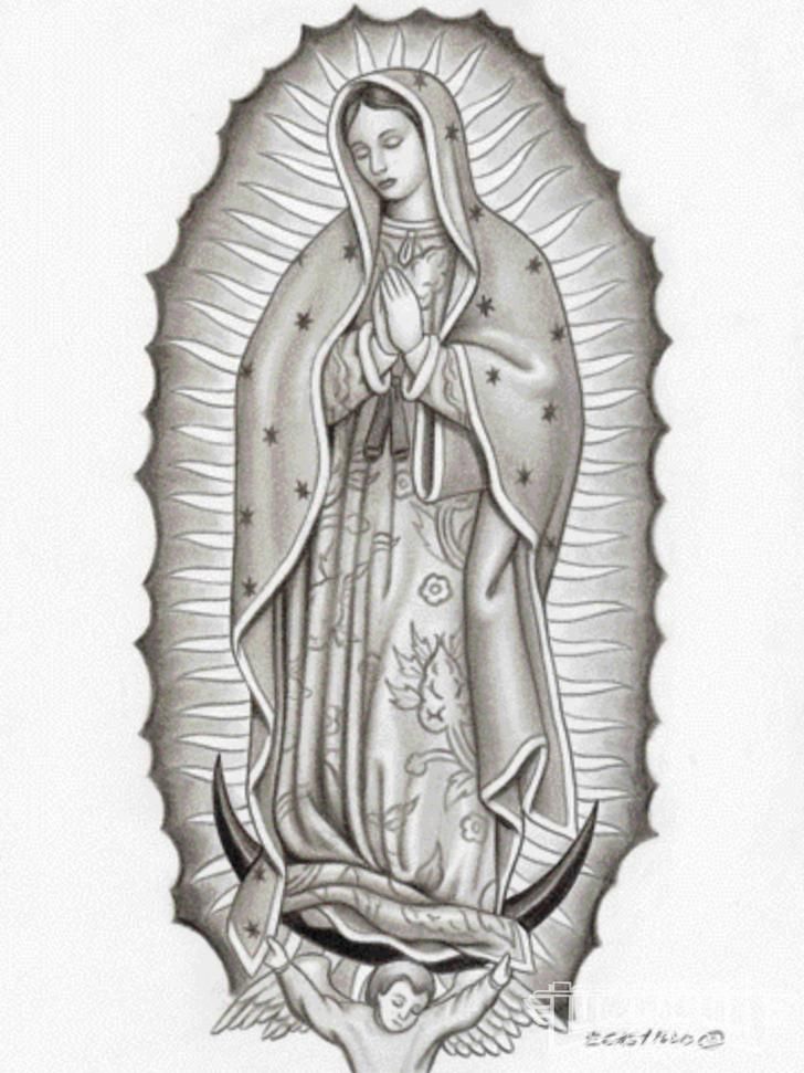 an image of the virgin mary in black and white