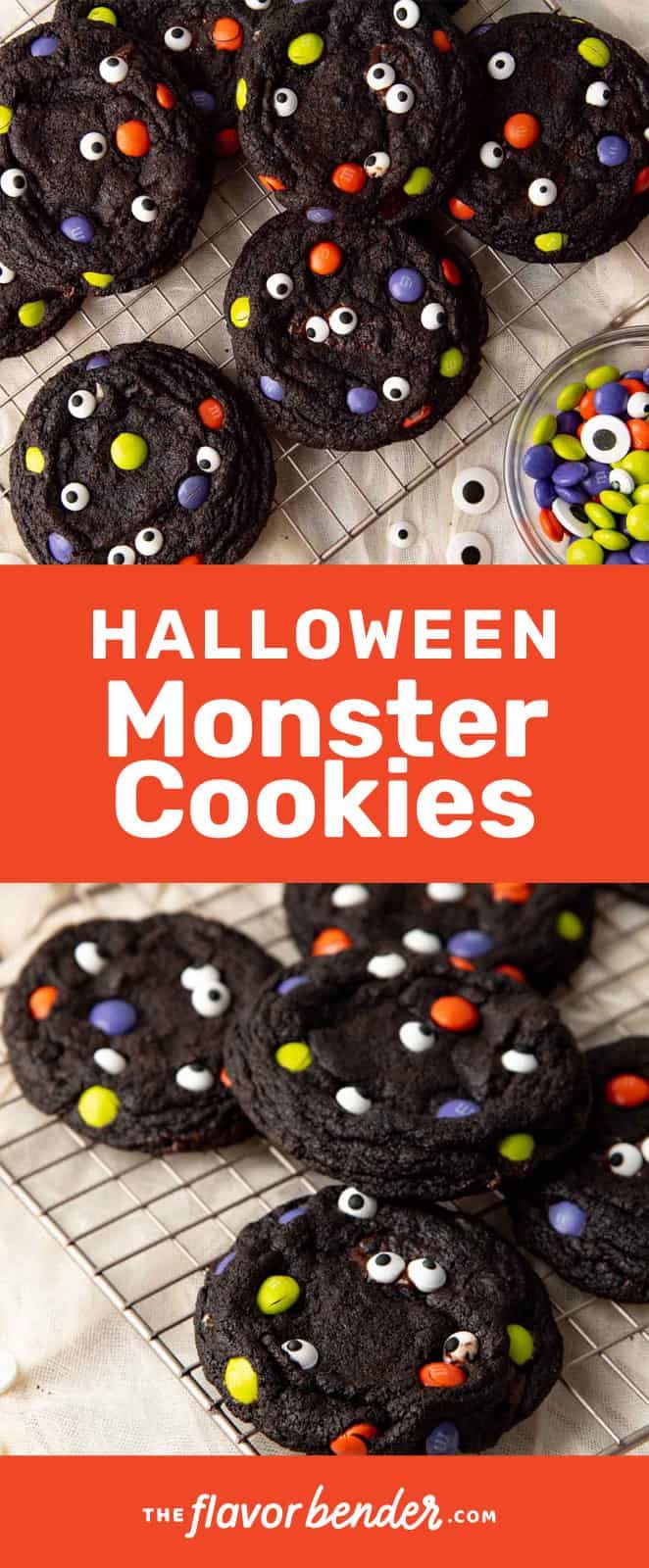 halloween monster cookies on a cooling rack with sprinkles