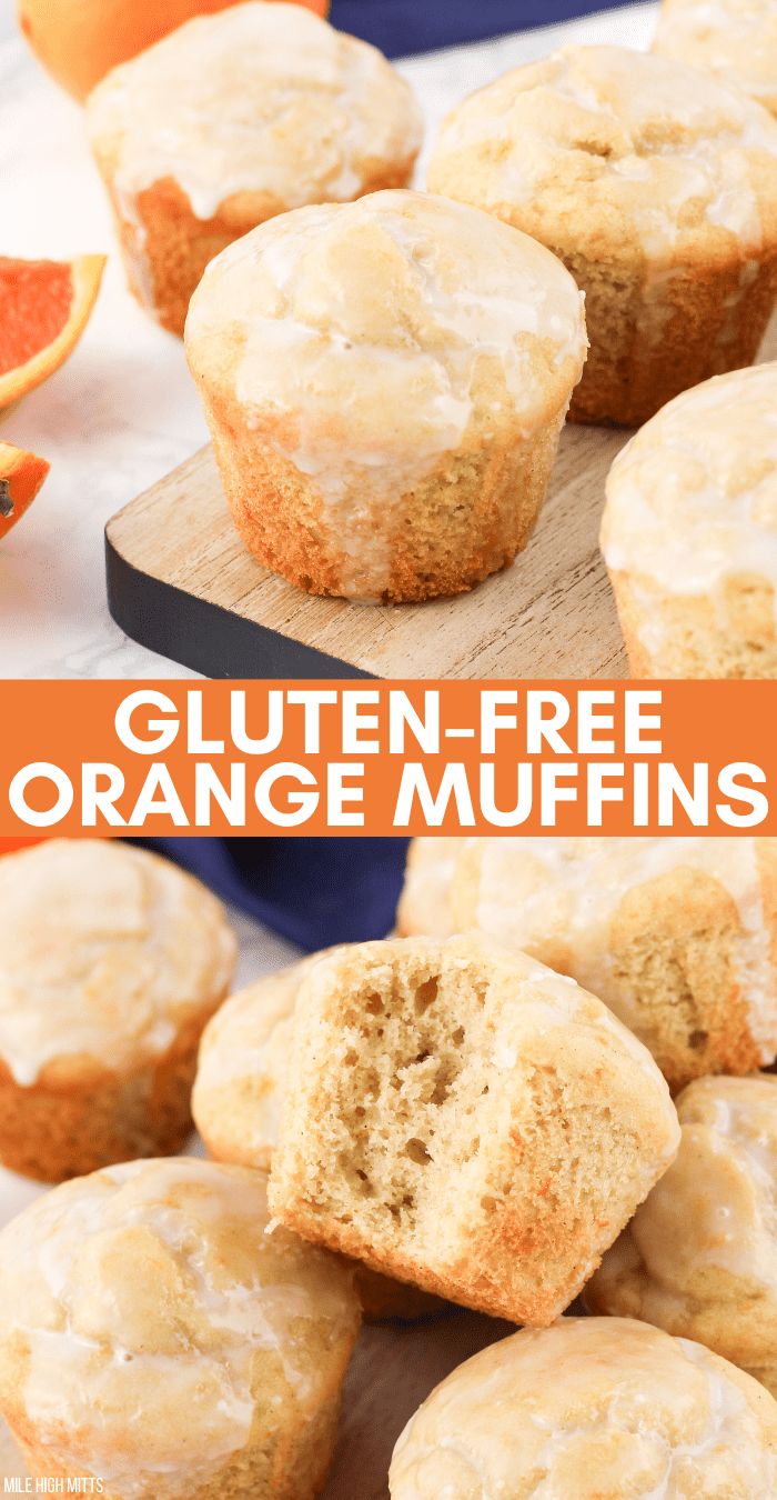 gluten - free orange muffins on a cutting board with an orange in the background