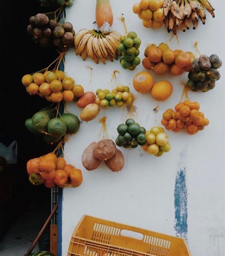 fruit hanging on the side of a building with bananas, oranges and other fruits