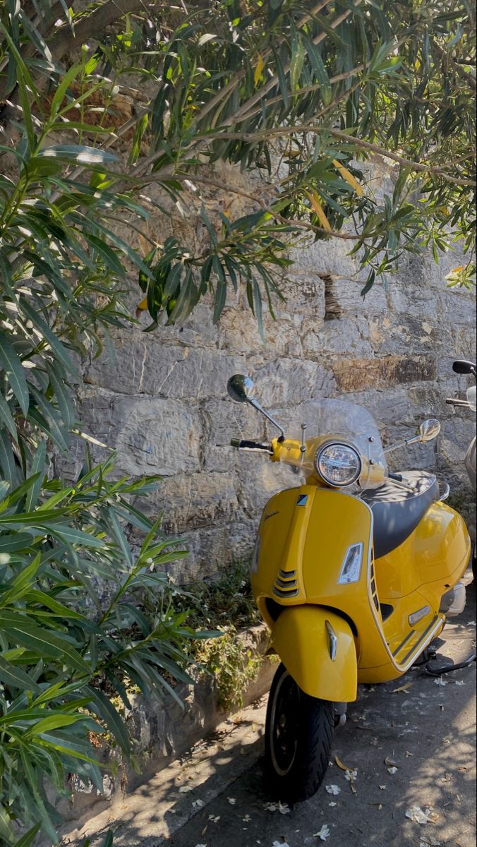 a yellow scooter is parked next to a stone wall and tree's