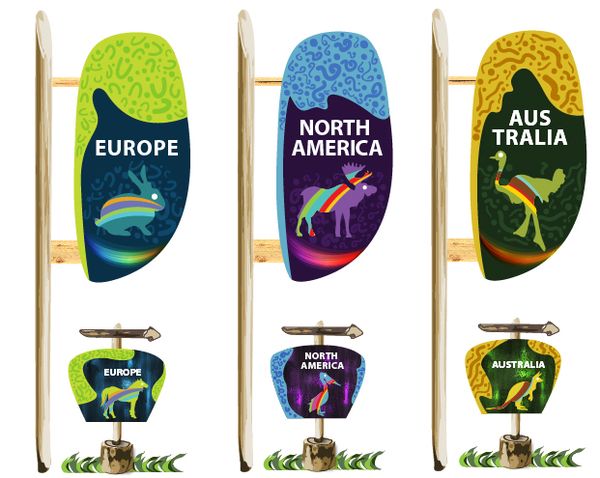 three surfboards with different designs on them and the words europe, north america, australia