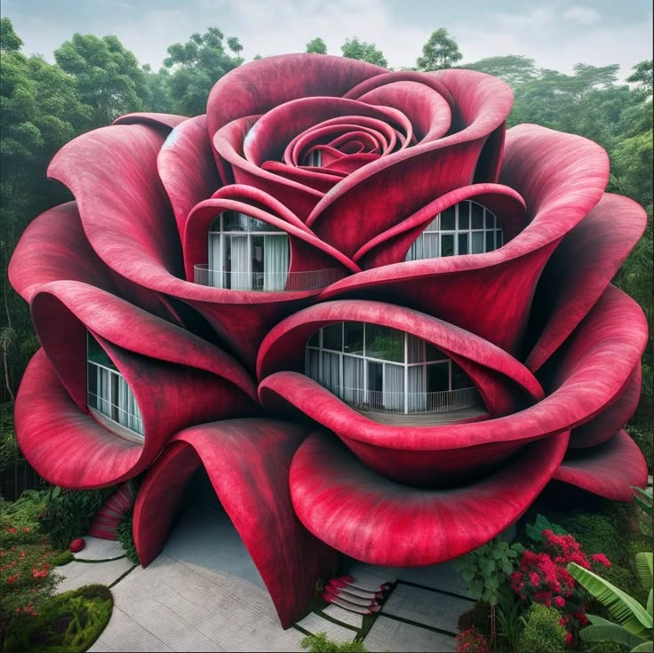 a large red rose shaped building in the middle of a garden with stairs leading up to it