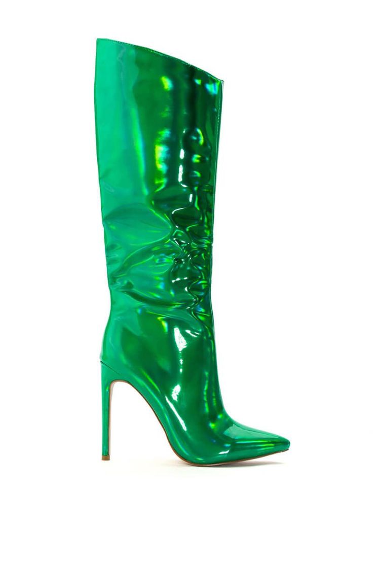 holographic green mid calf length stiletto boots with a pointed toe Colored Boots, Silver Boots, Green Accessories, Azalea Wang, Sandal Platform, Faux Leather Boots, Stiletto Boots, Knee High Leather Boots, Boot Brands