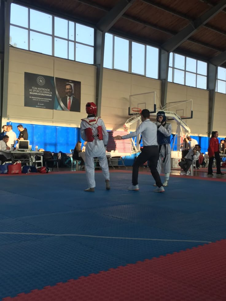 two men practicing martial moves in an indoor gym with people watching from the sidelines