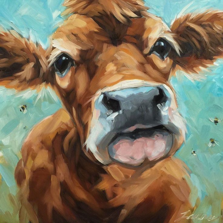 a painting of a brown cow looking at the camera