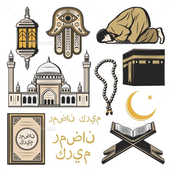 Islam Icon with Religion and Culture Symbols Different Religions Illustration, Quran Icon, Islamic Logo Symbols, Islamic Icon Design, Islamic Stickers Aesthetic, Islam Culture, Ramadan Stickers, Muslim Religion, Muslim Culture