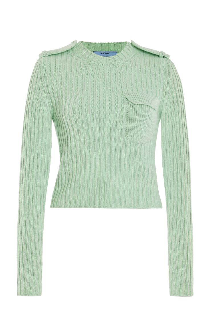 Mint Sweater, Green Crew Neck, Prada Fashion, Silk Cardigan, Cashmere Wool, Puffed Sleeves, Green Sweater, Tailored Trousers, Cashmere Sweater