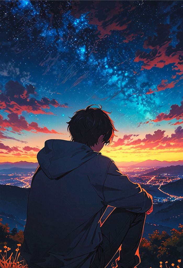 a man sitting on top of a hill looking at the sky