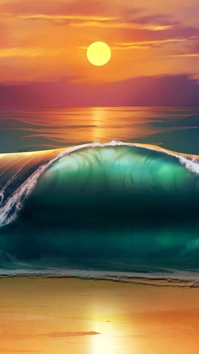 a painting of a wave in the ocean at sunset or sunrise with an orange and blue sky