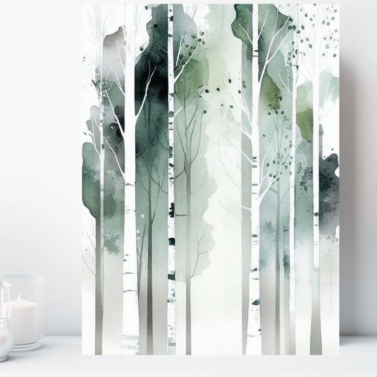 a watercolor painting of trees in the woods with white candles and vases next to it