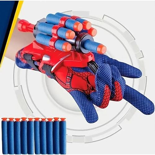 a spider man glove is shown in front of a white background with an orange and blue design on it