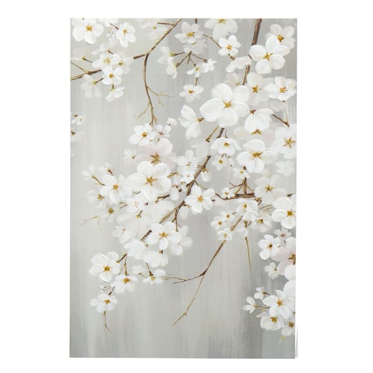 an abstract painting with white flowers on a gray background