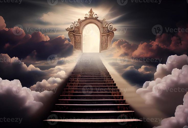 an open door in the sky with stairs leading up to it and clouds surrounding it