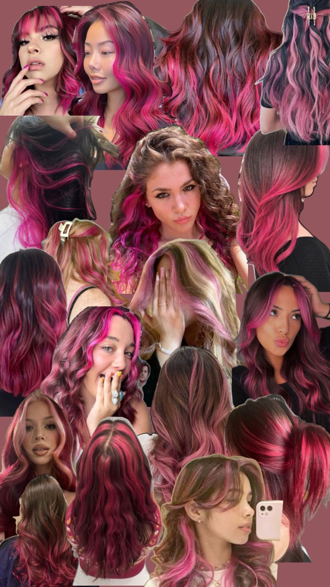 Brown Hair With Magenta Highlights, Pink Strand In Brown Hair, Hot Pink Hair Streaks, Red Pink Hair Color, Dark Brown And Pink Hair, Purple To Pink Hair, Pink Highlights Curly Hair, Brown To Pink Hair, Pink Highlights Hair