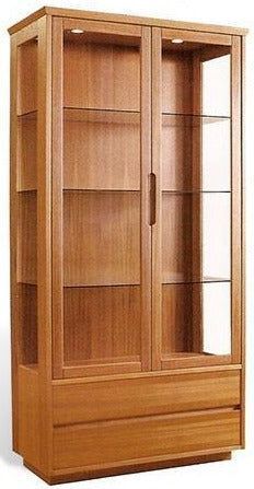 a wooden bookcase with glass doors on the front and bottom shelves in different sizes