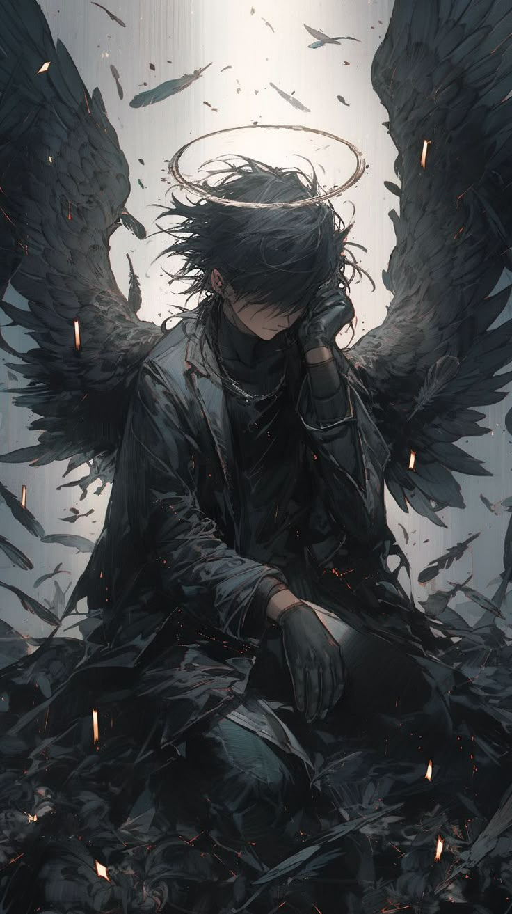 an angel sitting on top of a pile of black feathers with his hands to his face