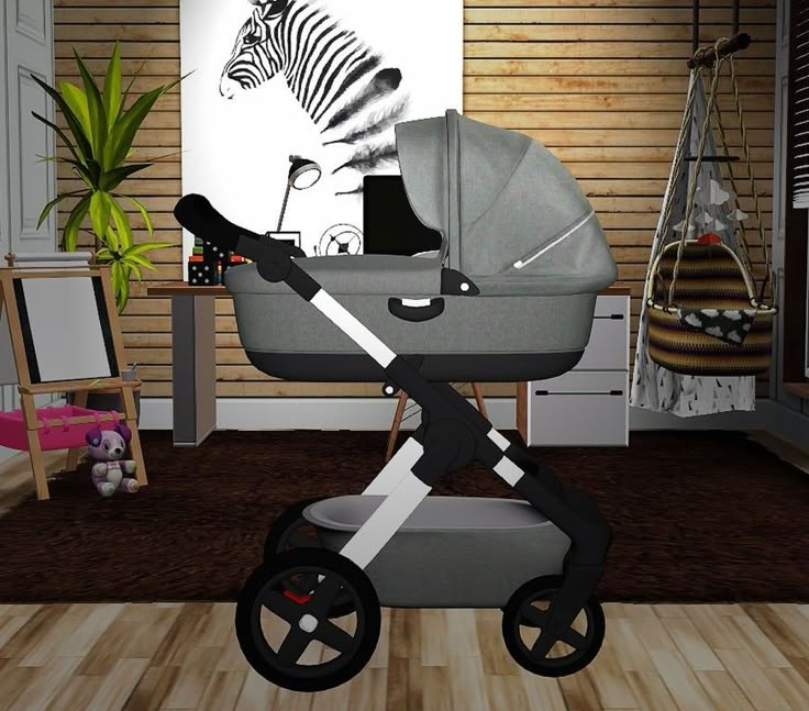 a baby stroller with a zebra on the wall behind it in a living room