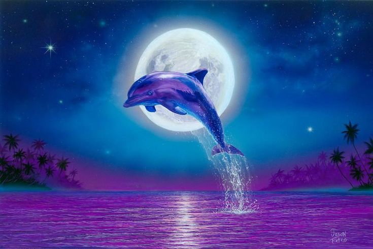 a painting of a dolphin jumping out of the water in front of a full moon