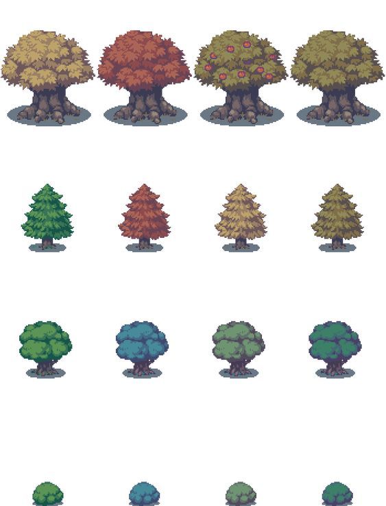 the different types of trees in pixel style, each with different colors and shapes on them