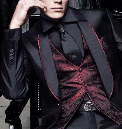 Crimson & Kingly. Dark Academia Wedding, Gothic Suit, Suit For Men Wedding, Black And Red Suit, All Black Suit, Vampire Clothes, Jonathan Joestar, Gothic Men, High Fashion Men