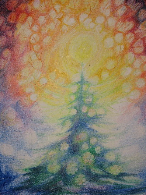 a drawing of a christmas tree with bright lights