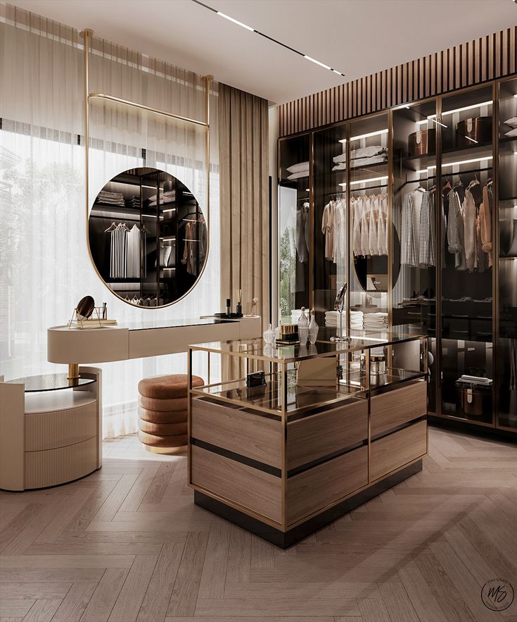 an elegant dressing room with glass shelves and mirrors