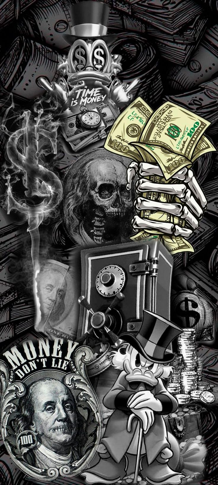 a collage of images with money, skulls and other things on them in black and white