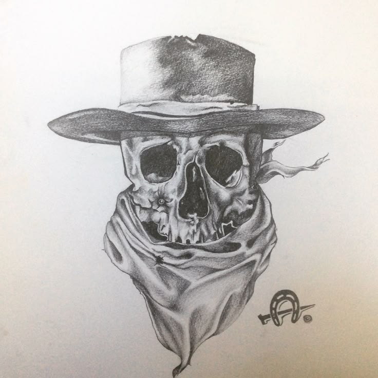 a drawing of a skull wearing a hat with a scarf around it's neck