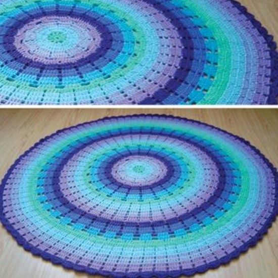 two circular rugs with different colors and patterns on the bottom, one is blue and green