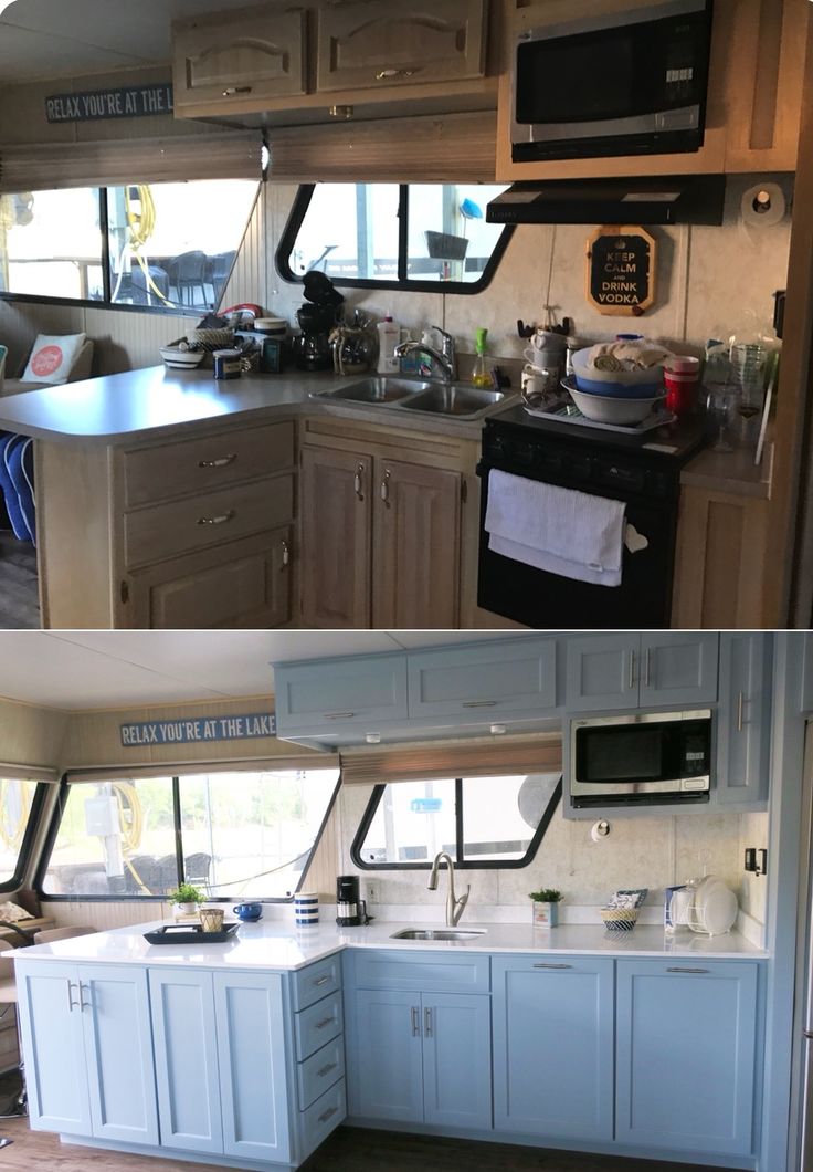 before and after photos of a kitchen in a mobile home