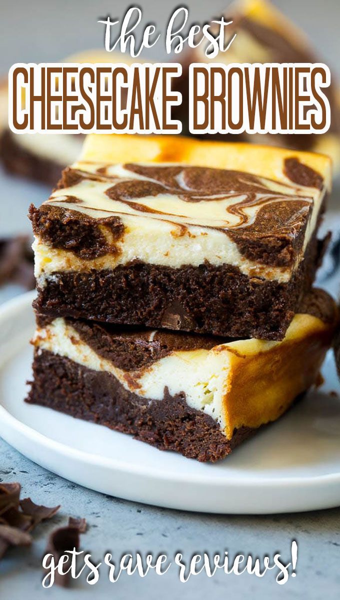 two pieces of cheesecake brownies on a plate with the words, the best cheesecake brownies