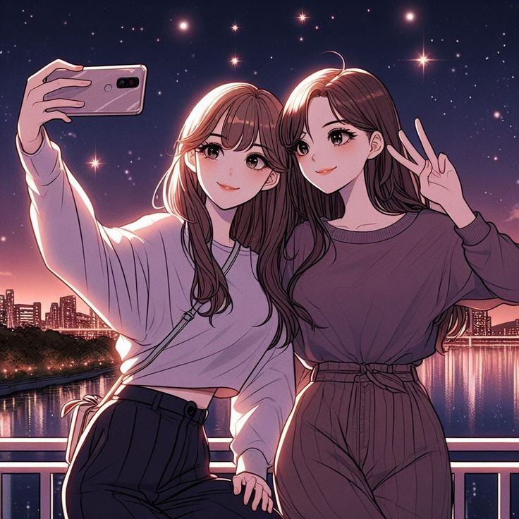 two young women taking a selfie with their cell phones in front of the night sky