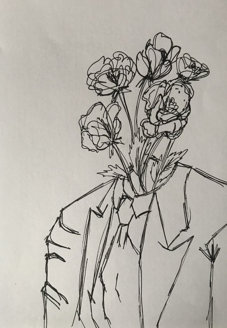 a black and white drawing of flowers in a vase