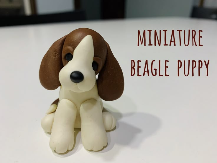 a small toy dog sitting on top of a white table next to the words miniature beagle puppy