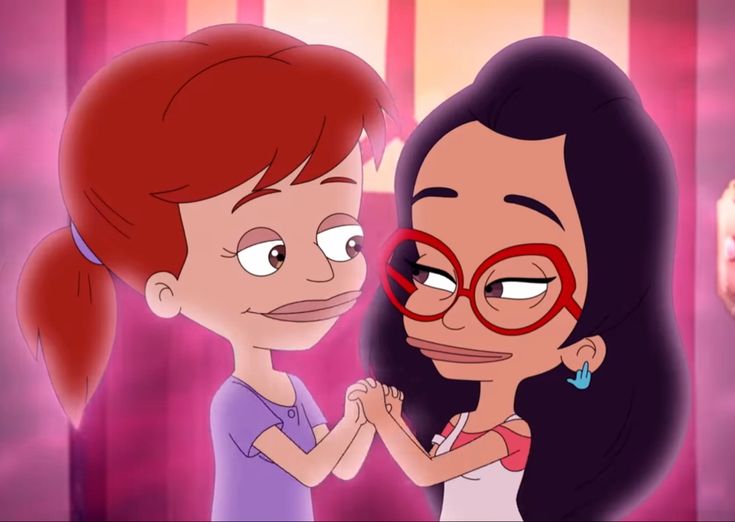 an animated image of two people standing next to each other and one is holding her hand up