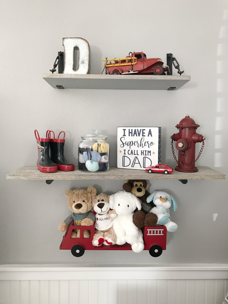 two shelves with stuffed animals and toys on them