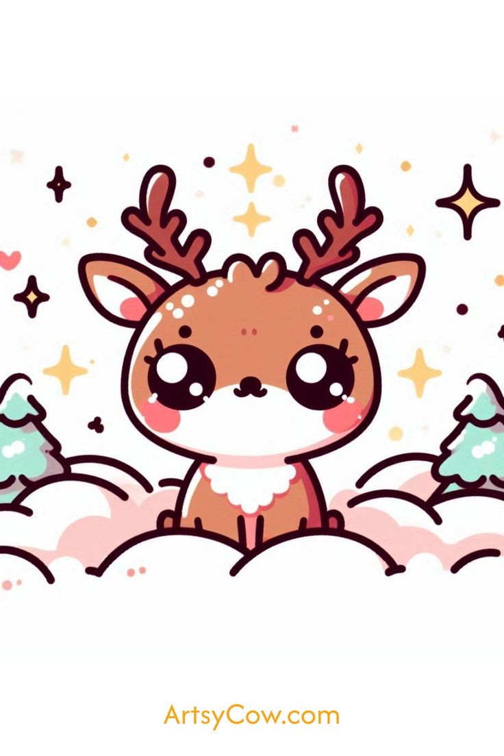 a cute little deer sitting in the snow with stars on it's head and eyes