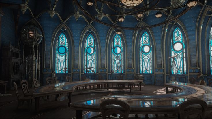 a room with stained glass windows and round tables