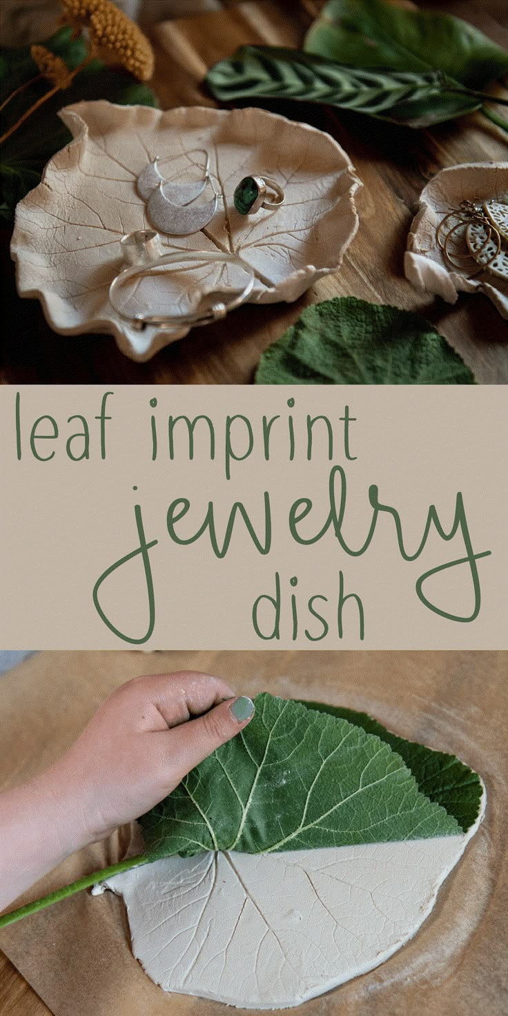 the leaf imprint jewelry dish is made from clay