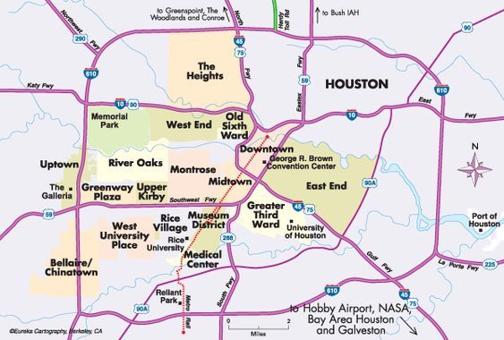 a map of houston, texas with all the major roads and towns on it's side