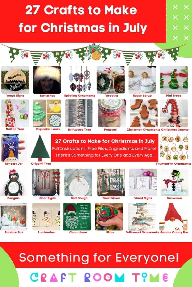 the cover of crafts to make for christmas in july, featuring images of various items